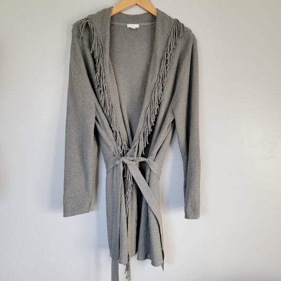 J. Jill Sweaters - J Jill Fringe Open Cardigan Gray Tie Waist Sz L Western Neutral Cowgirl Office